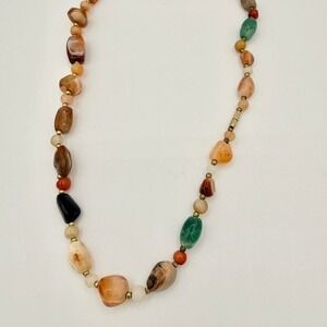Natural Stone Beaded Necklace 23" Earth Tone Agate Jasper Boho Artisan